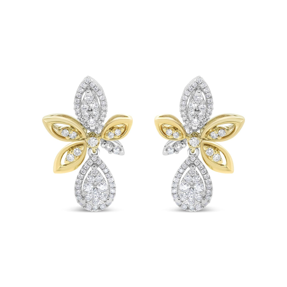 14K White and Yellow Gold 1.00 Cttw Round Pave-Set Diamond Teardrop and Marquise Shape Drop Dangle Earrings (H-I Color, SI1-SI2 Clarity)