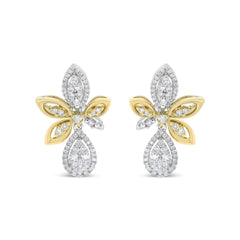 14K White and Yellow Gold 1.00 Cttw Round Pave-Set Diamond Teardrop and Marquise Shape Drop Dangle Earrings (H-I Color, SI1-SI2 Clarity)