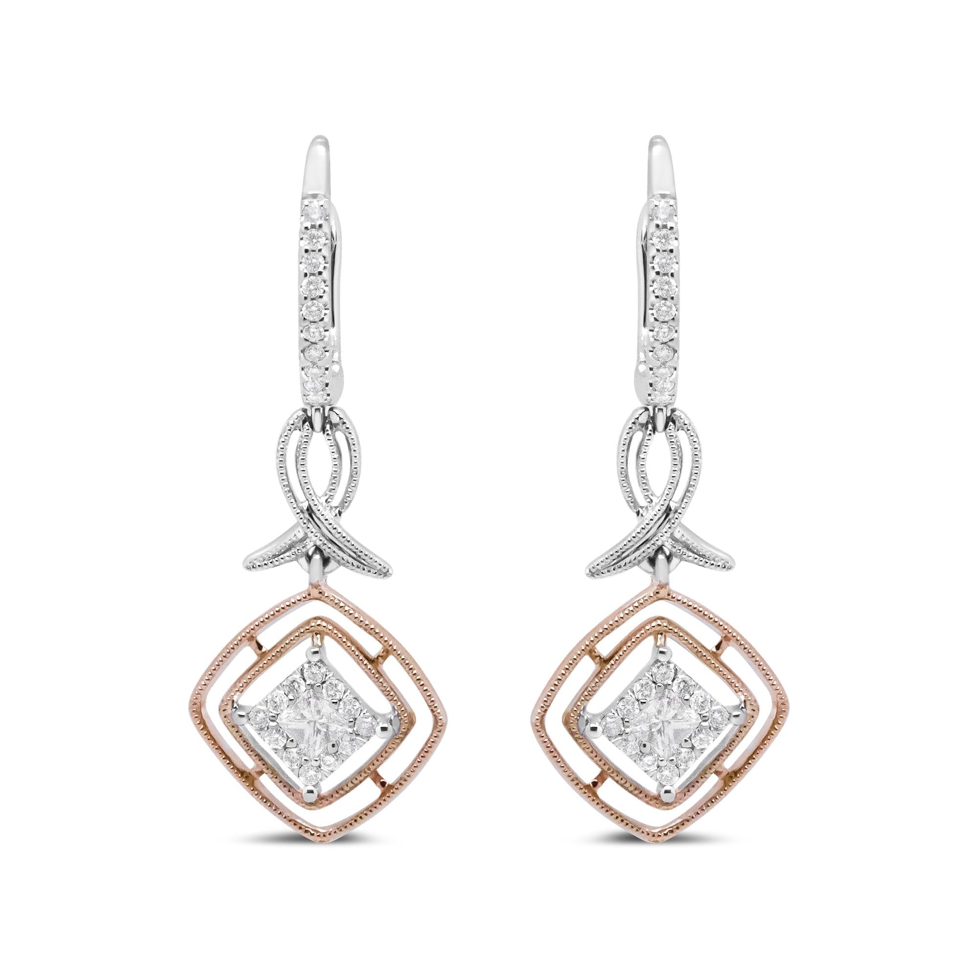 14K White and Rose Gold 1/2 Cttw Round and Princess-Cut Diamond Openwork Marquise Ribbon Dangle Earring (G-H Color, SI2-I1 Clarity)