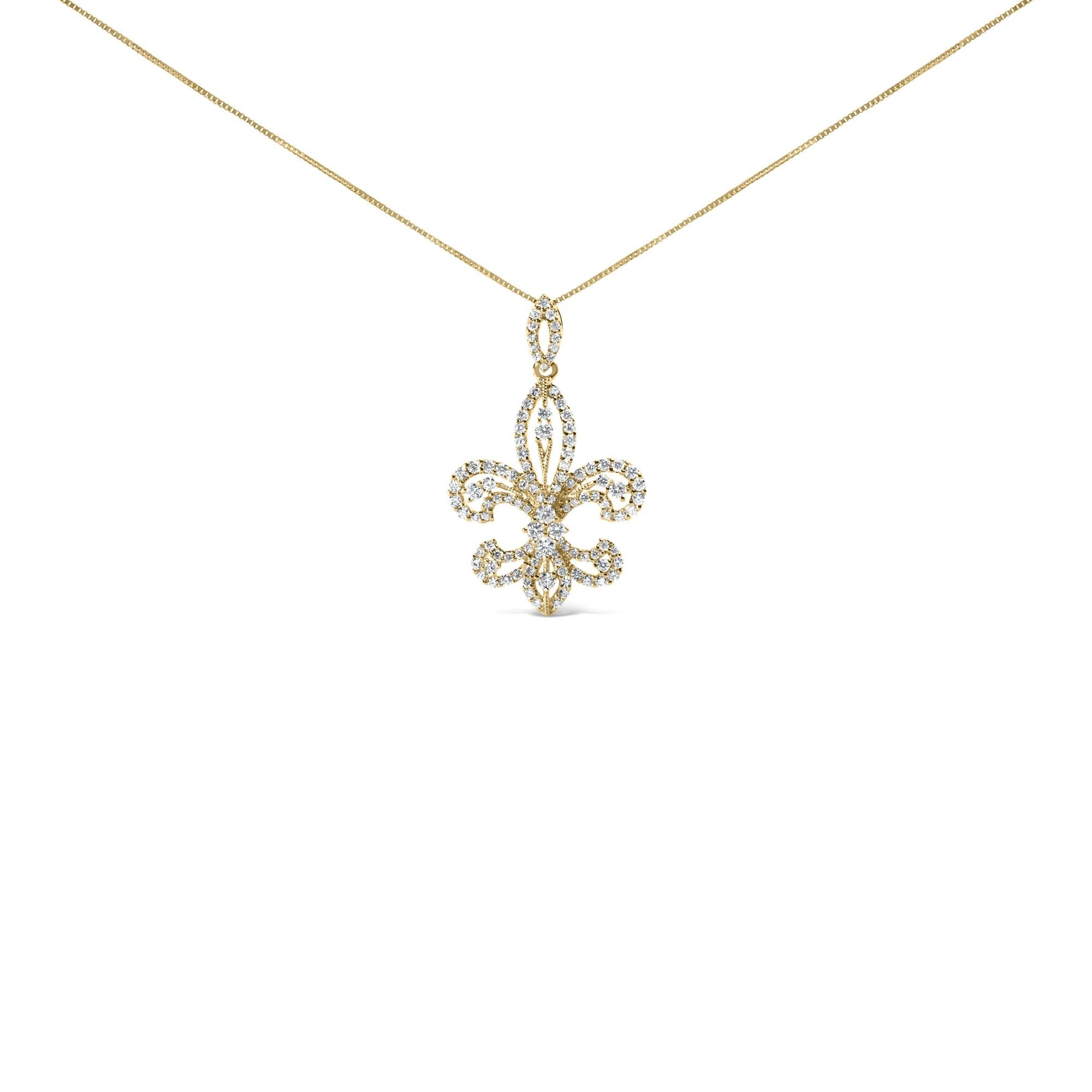 14K Yellow Gold 1.00 Cttw Round Diamond Fleur De Lis 18" Pendant Necklace (H-I Color, SI2-I1 Clarity)