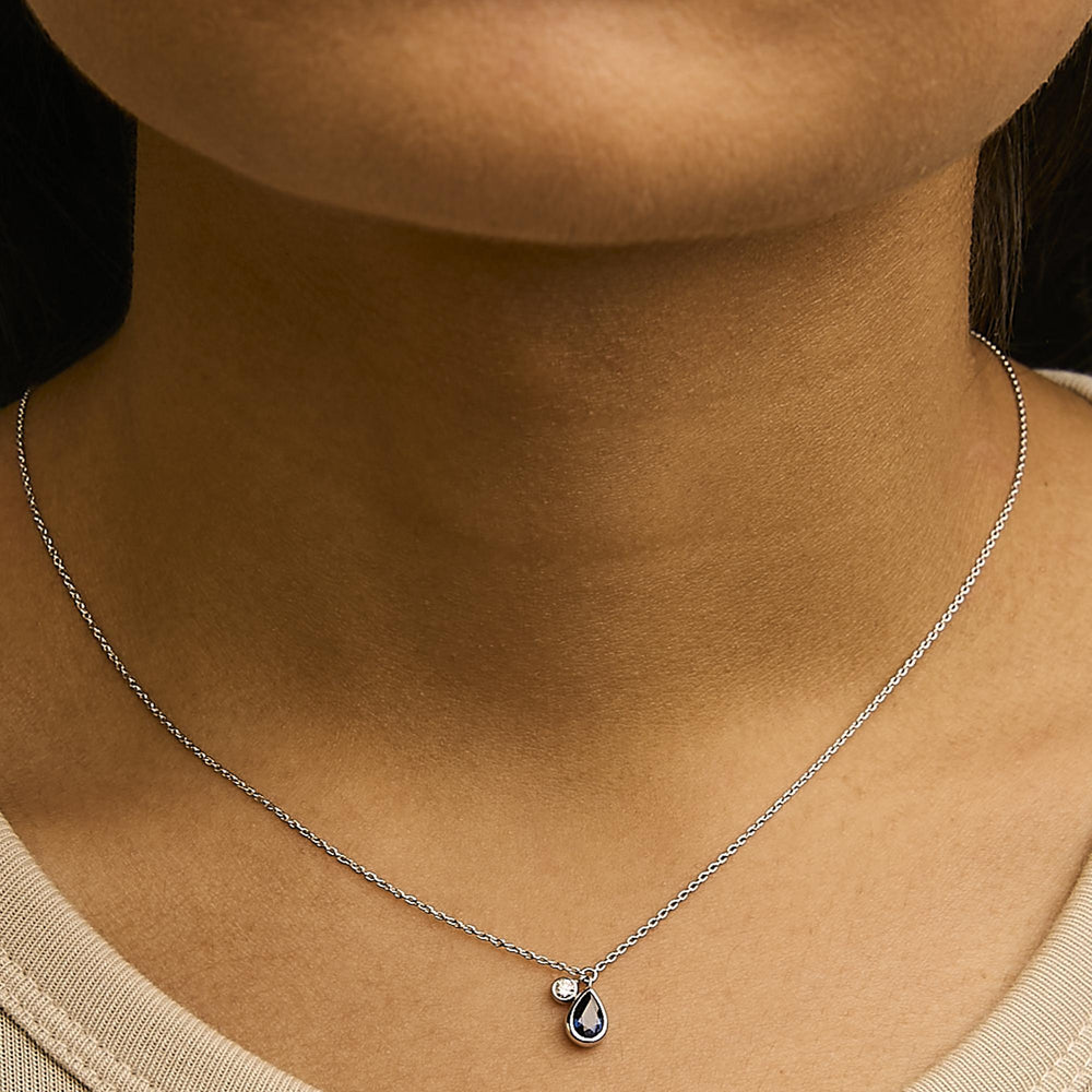 14K White Gold 6x4mm Pear Blue Sapphire and Diamond Accent Charm Pendant Necklace - 18" Inches