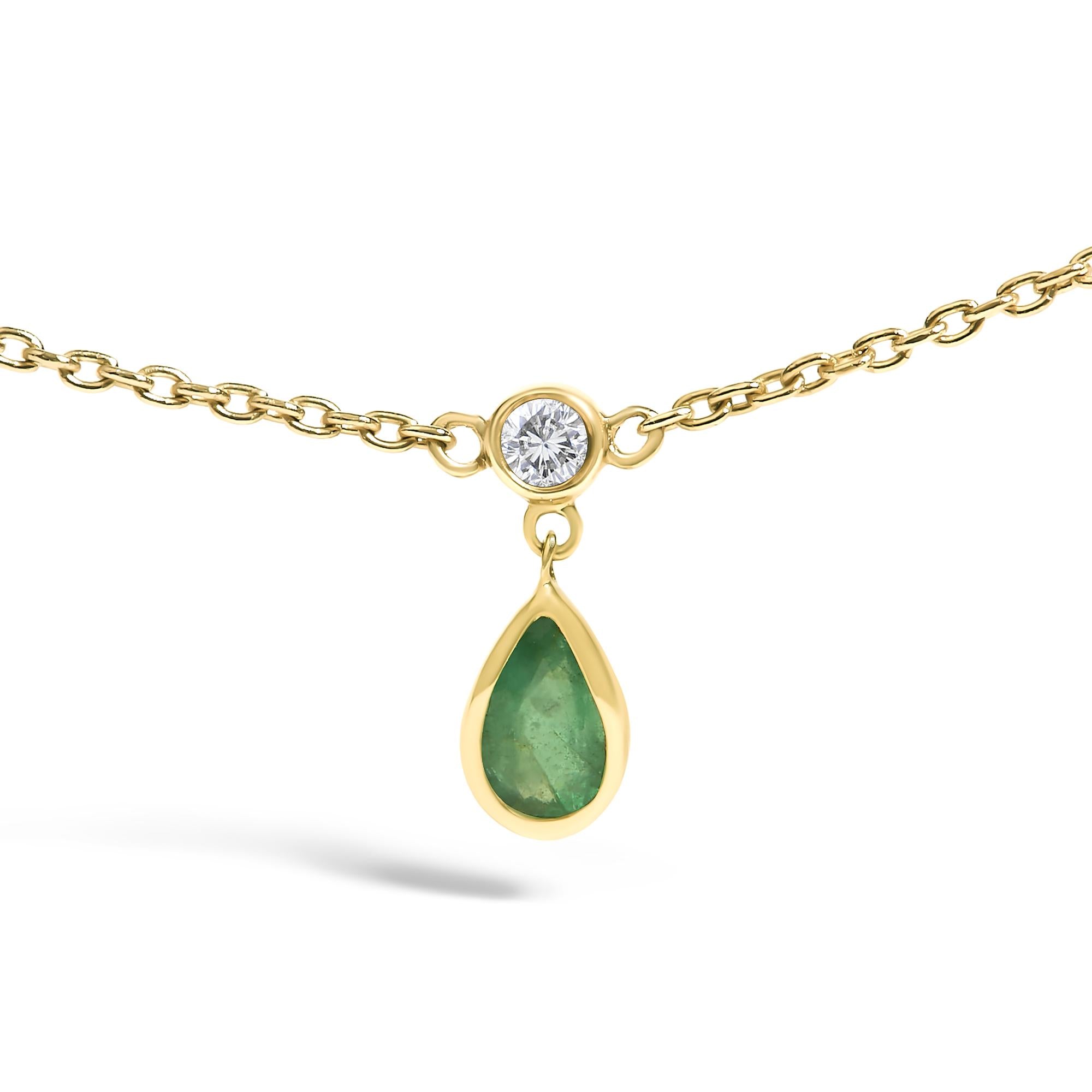 10K Yellow Gold Dangling 5x3 mm Green Emerald and Diamond Station Necklace - 18" Inches