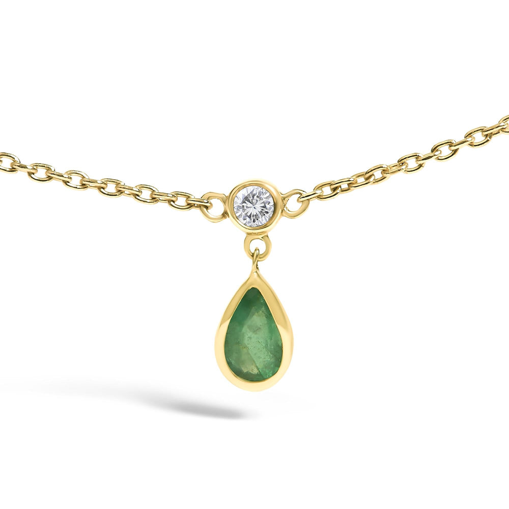 10K Yellow Gold Dangling 5x3 mm Green Emerald and Diamond Station Necklace - 18" Inches