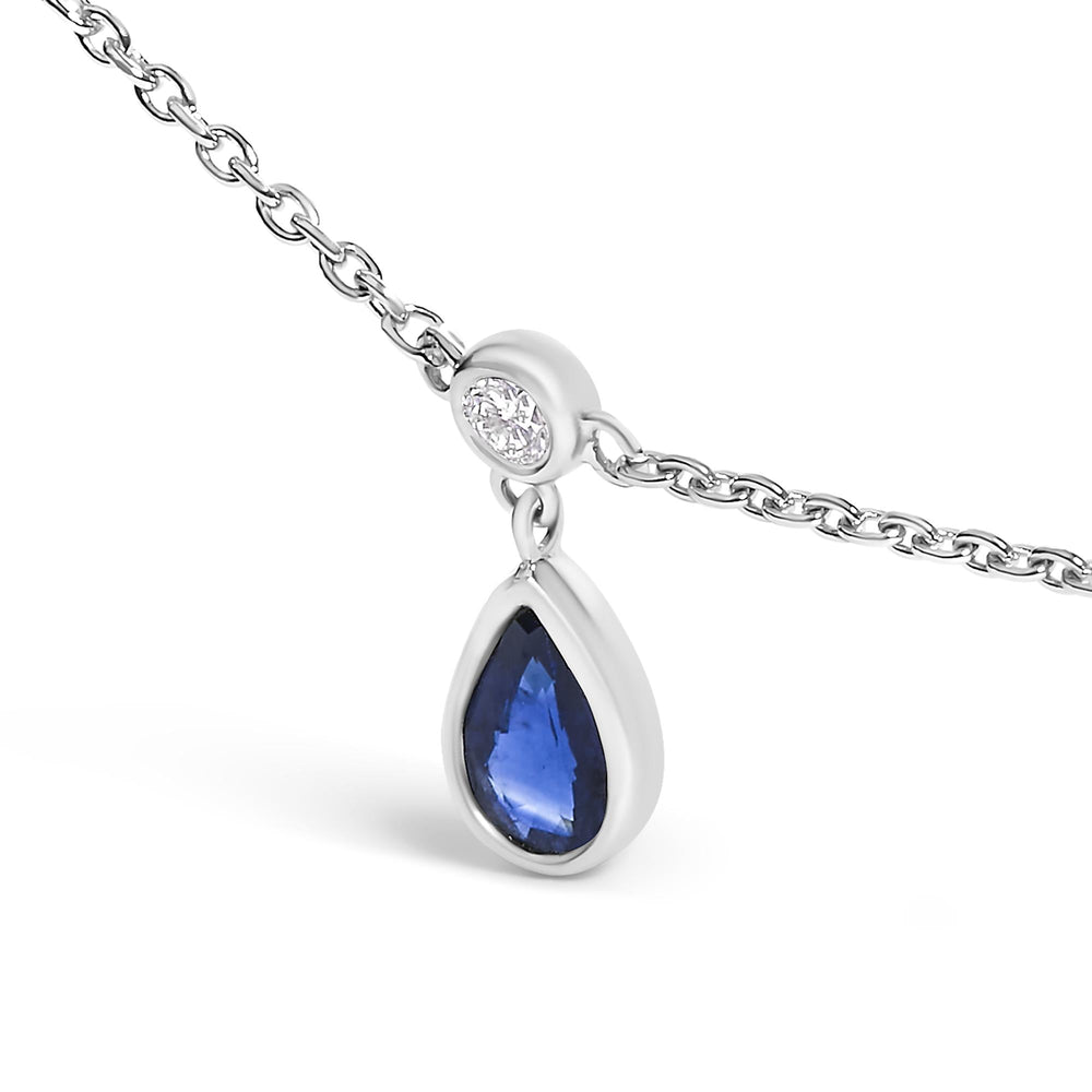 10K White Gold Dangling 5x3 mm Pear Blue Sapphire and Diamond Station Necklace - 18" Inches