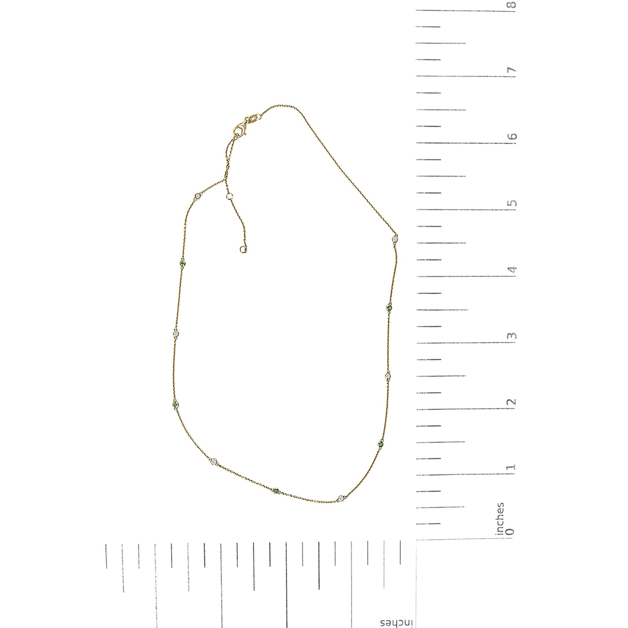 14K Yellow Gold Bezel Set Alternating Green Emerald and Diamond Station Necklace - 18" Inches