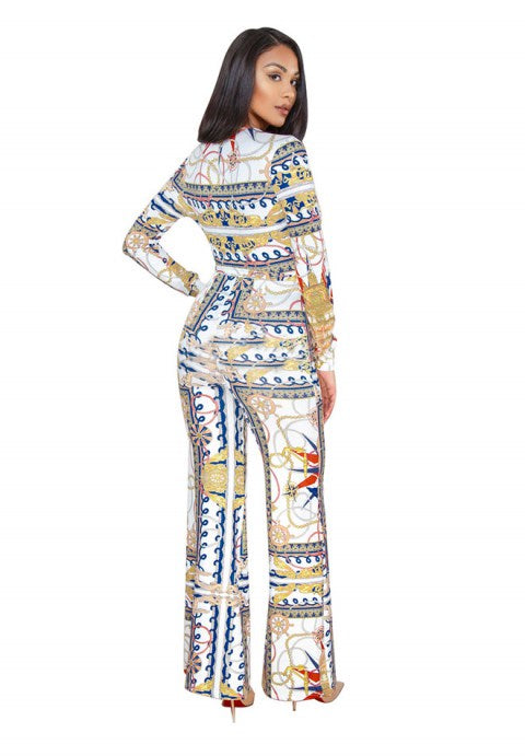 Printing Long Sleeve V-neck Wide Leg Jumpsuit Rompers