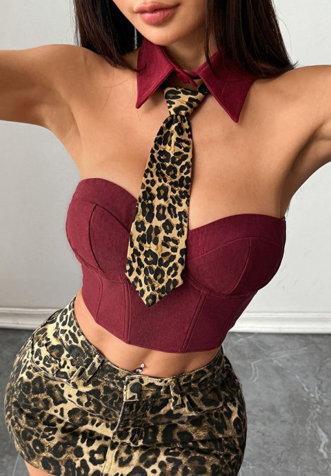 Vibrant Burgundy Corset with Leopard Tie