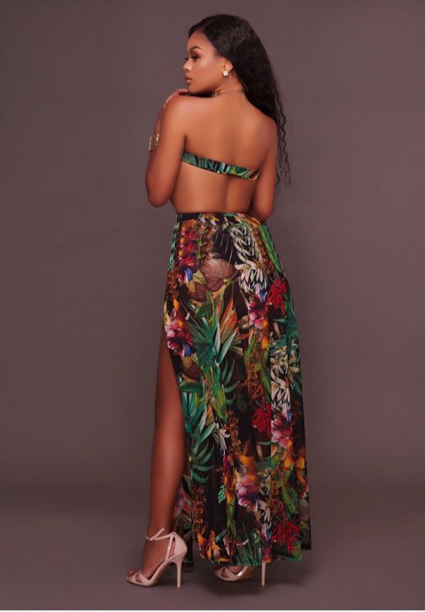 Printed High Slit Legs Bodysuit Maxi Dress