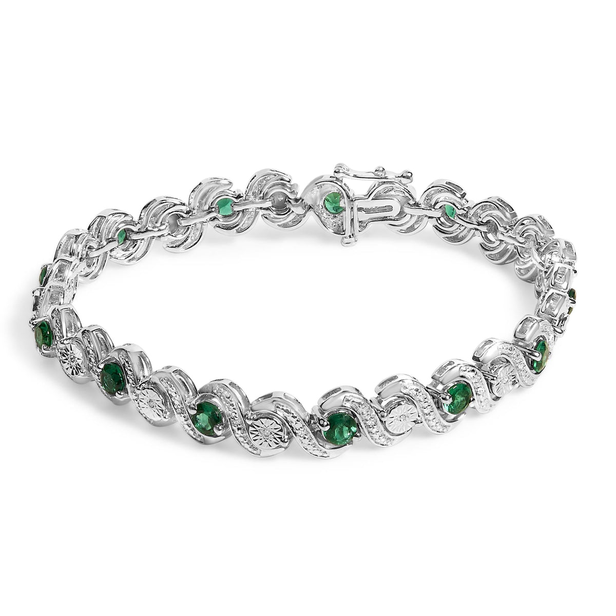 .925 Sterling Silver Created Emerald and Diamond Twist S Link Bracelet