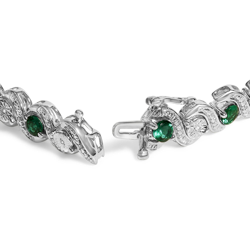 .925 Sterling Silver Created Emerald and Diamond Twist S Link Bracelet