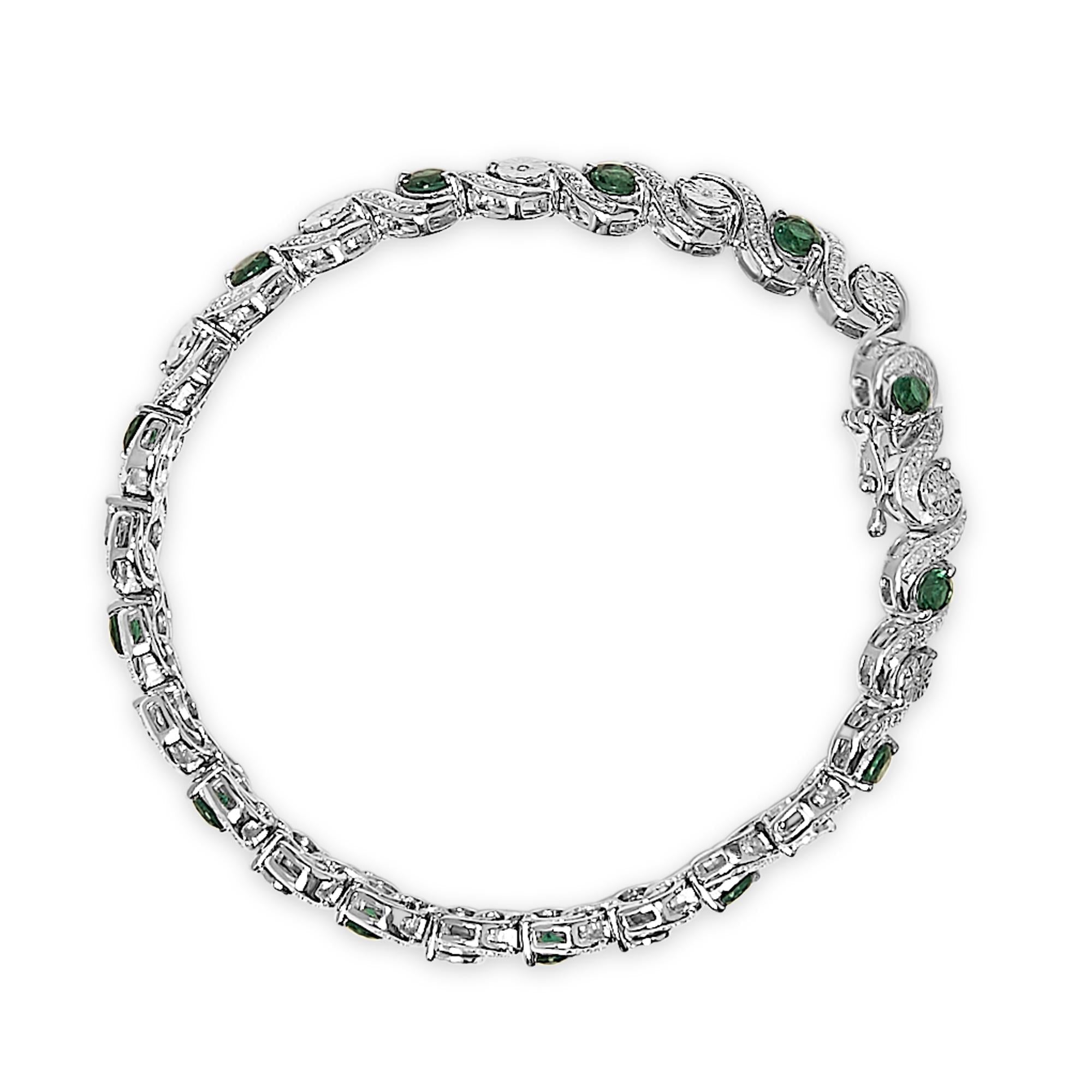 .925 Sterling Silver Created Emerald and Diamond Twist S Link Bracelet