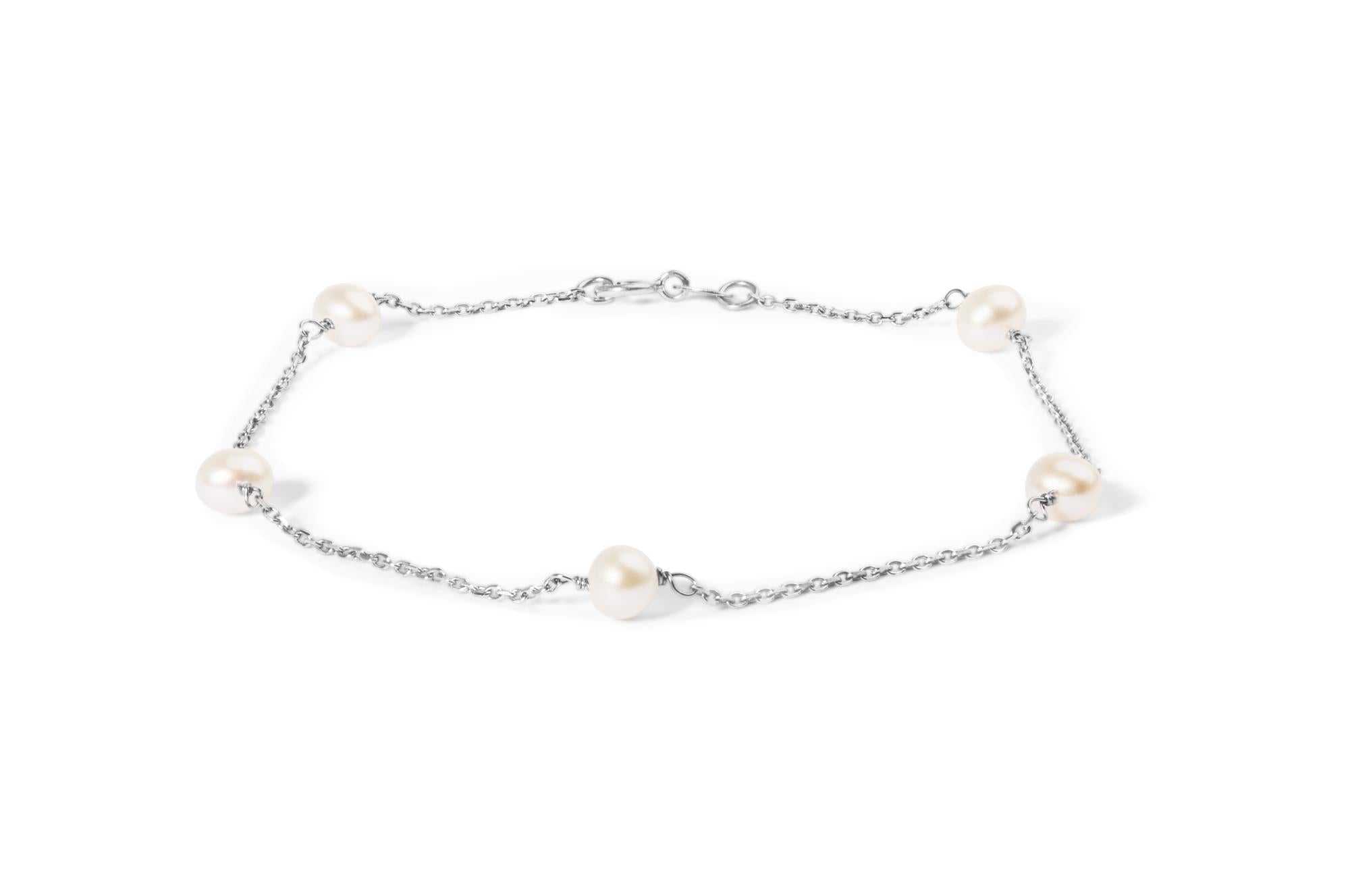 14K White Gold Cultured White Freshwater Pearl Station Bracelet