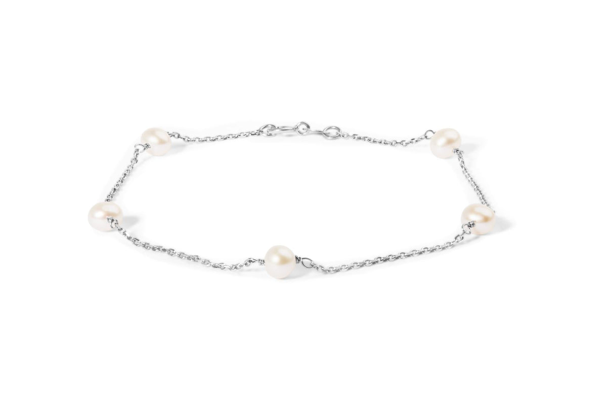 14K White Gold Cultured White Freshwater Pearl Station Bracelet