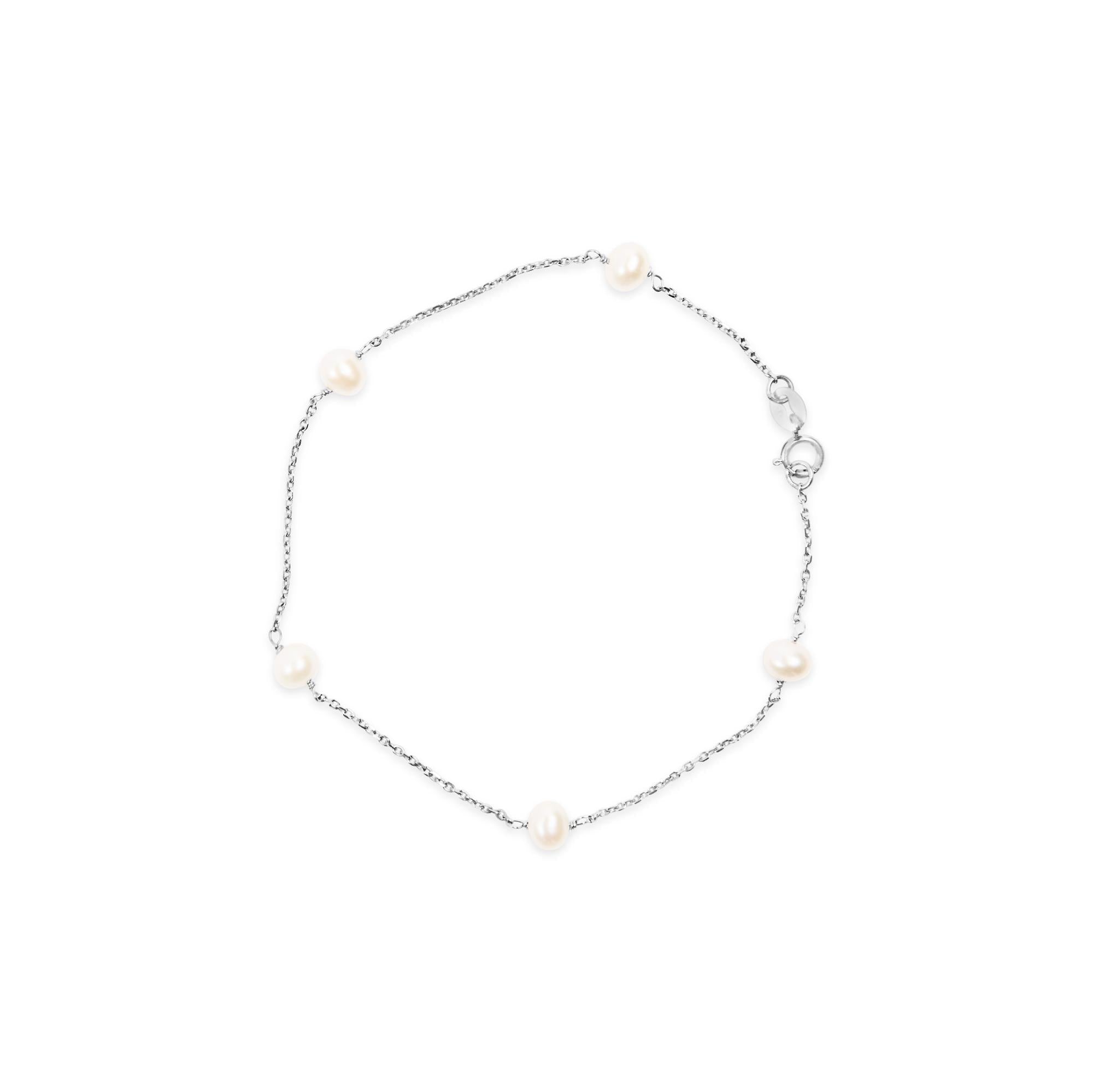 14K White Gold Cultured White Freshwater Pearl Station Bracelet