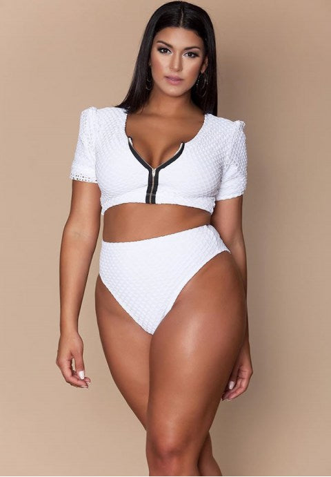 Plus Size Mesh Sleeved High Waist High Leg Crop Bikini Swimsuit
