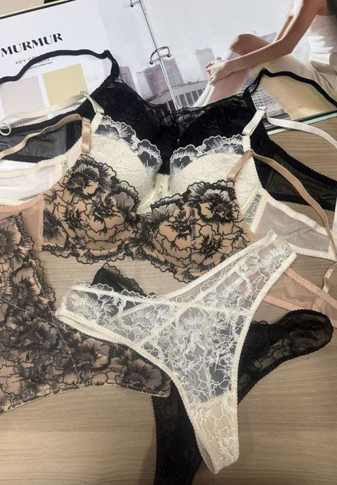 Beige Floral Lace Bra and Thong Set