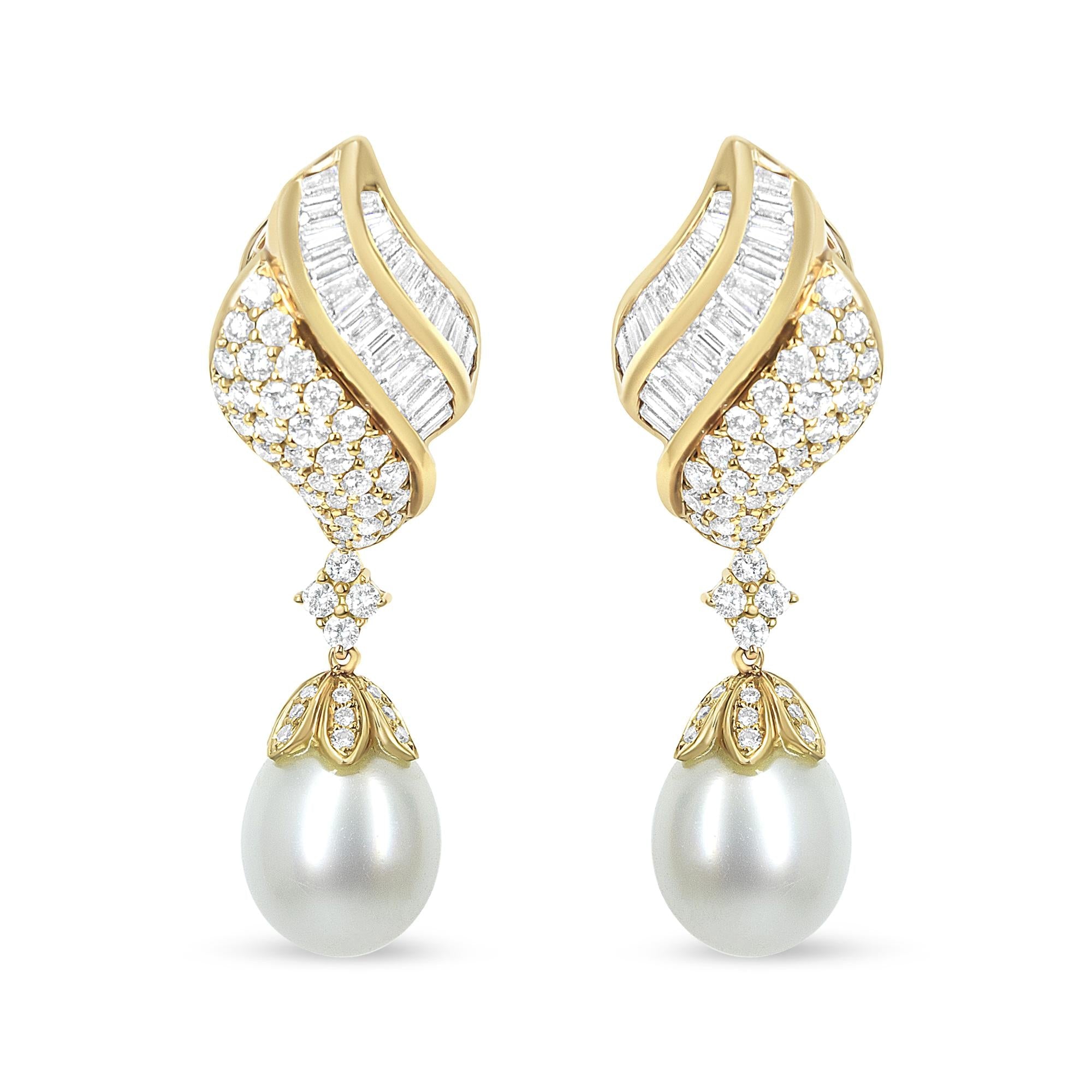 18k Yellow Gold 7.0 Cttw Baguette and Round Diamond South Sea Pearl Drop Dangle Clip-On Earrings (F-G Color, VS1-VS2 Clarity)