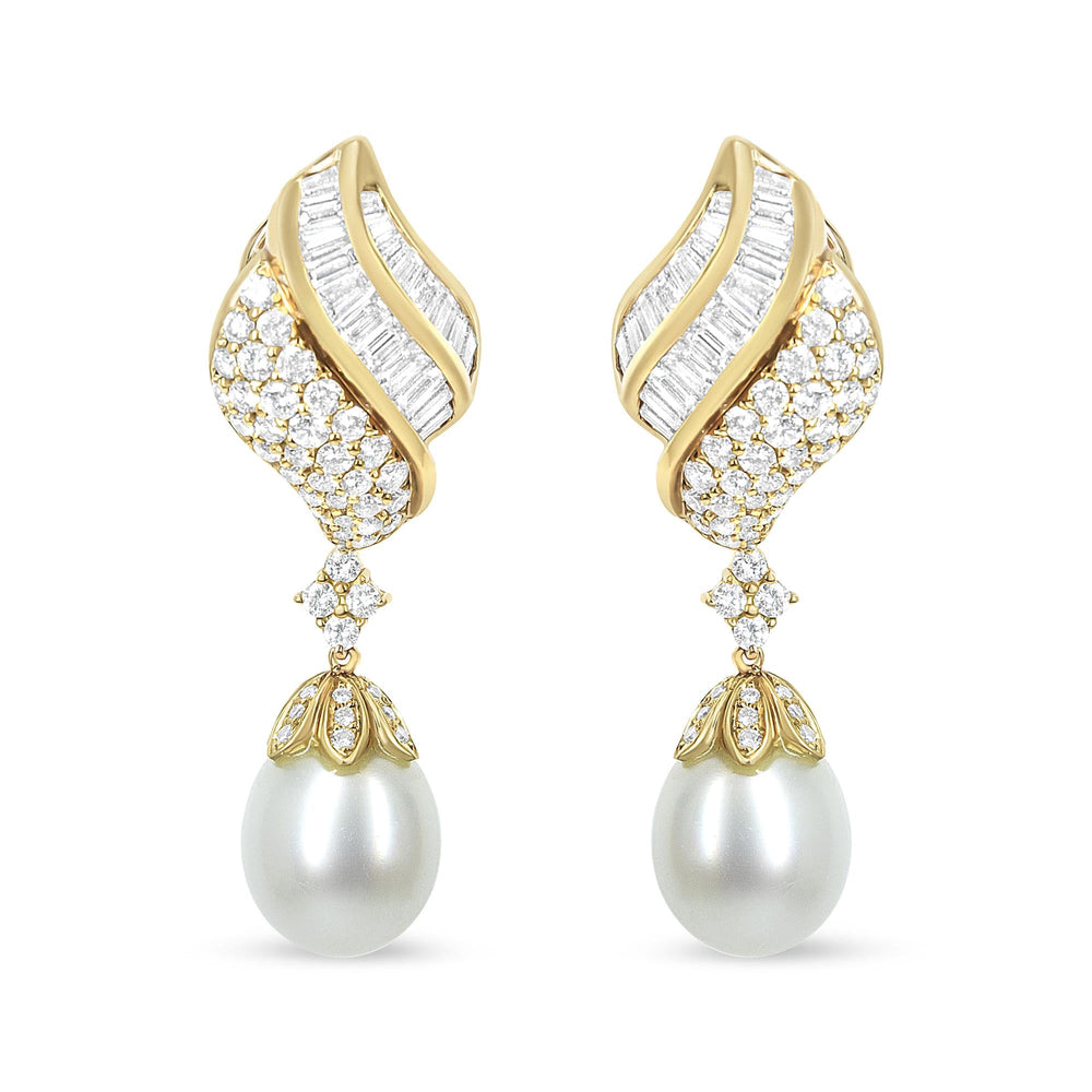 18k Yellow Gold 7.0 Cttw Baguette and Round Diamond South Sea Pearl Drop Dangle Clip-On Earrings (F-G Color, VS1-VS2 Clarity)