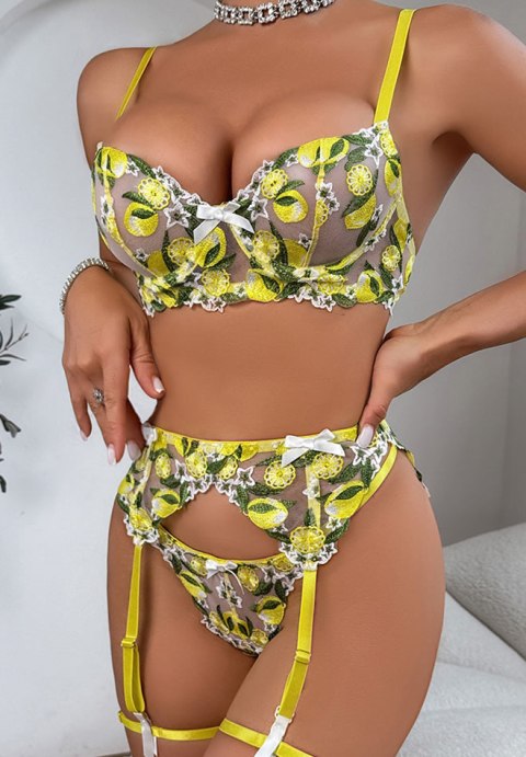Vibrant Lemon Print Lingerie Set with Sheer Fabric