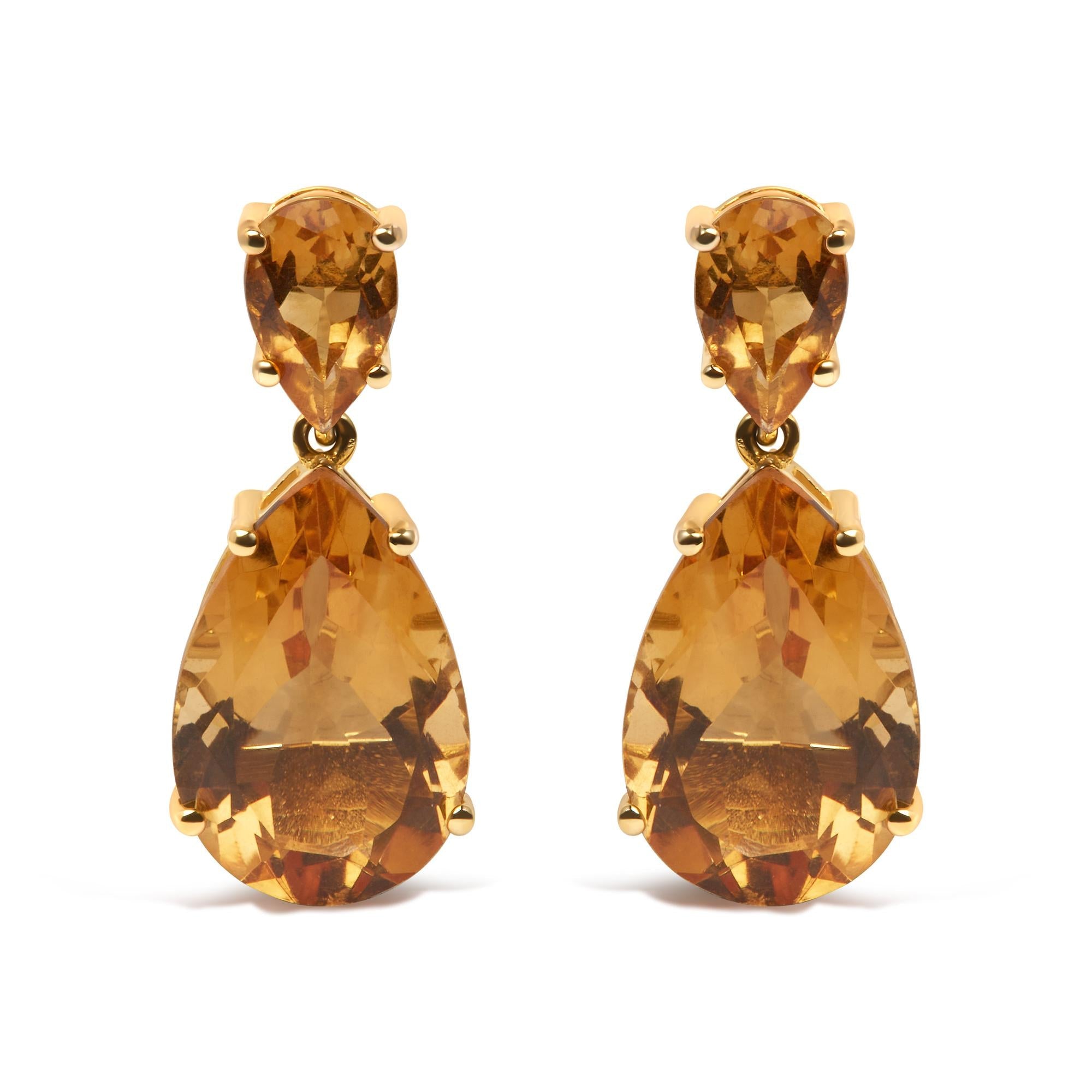 10K Yellow Gold Plated .925 Sterling Silver 12 1/3 Cttw Pear Shaped Orange Citrine Dangle Double Drop Stud Earring