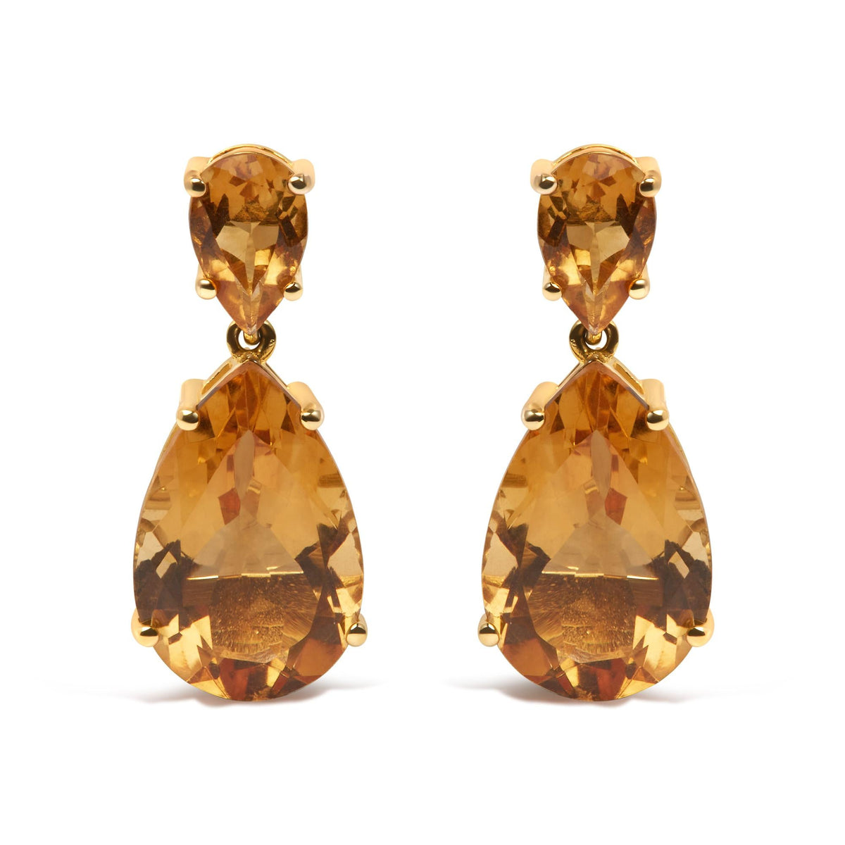 10K Yellow Gold Plated .925 Sterling Silver 12 1/3 Cttw Pear Shaped Orange Citrine Dangle Double Drop Stud Earring