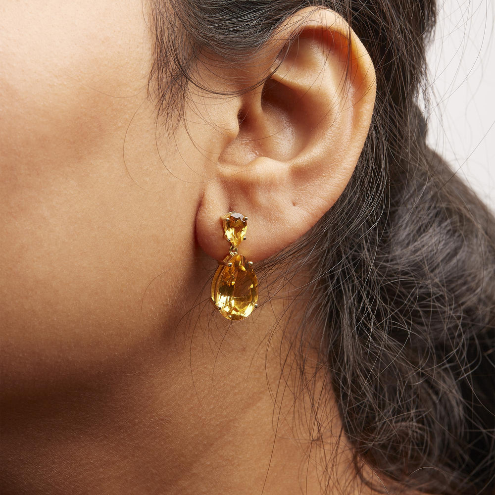 10K Yellow Gold Plated .925 Sterling Silver 12 1/3 Cttw Pear Shaped Orange Citrine Dangle Double Drop Stud Earring