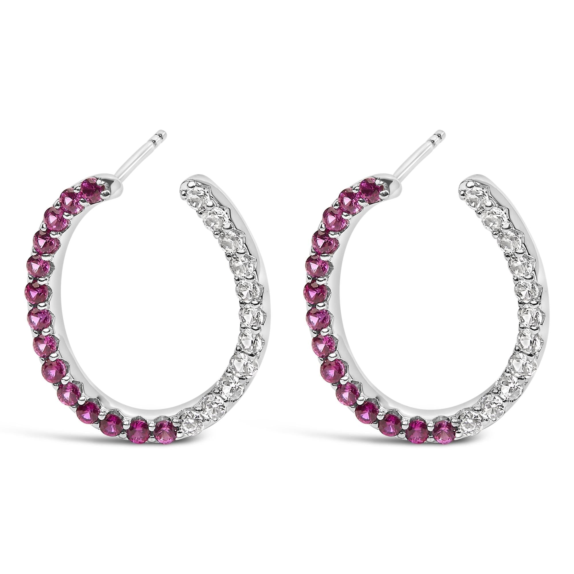 Sterling Silver Lab Created Ruby and White Sapphire Hoop Earrings