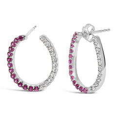 Sterling Silver Lab Created Ruby and White Sapphire Hoop Earrings
