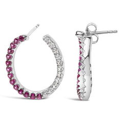 Sterling Silver Lab Created Ruby and White Sapphire Hoop Earrings