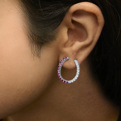 Sterling Silver Lab Created Ruby and White Sapphire Hoop Earrings