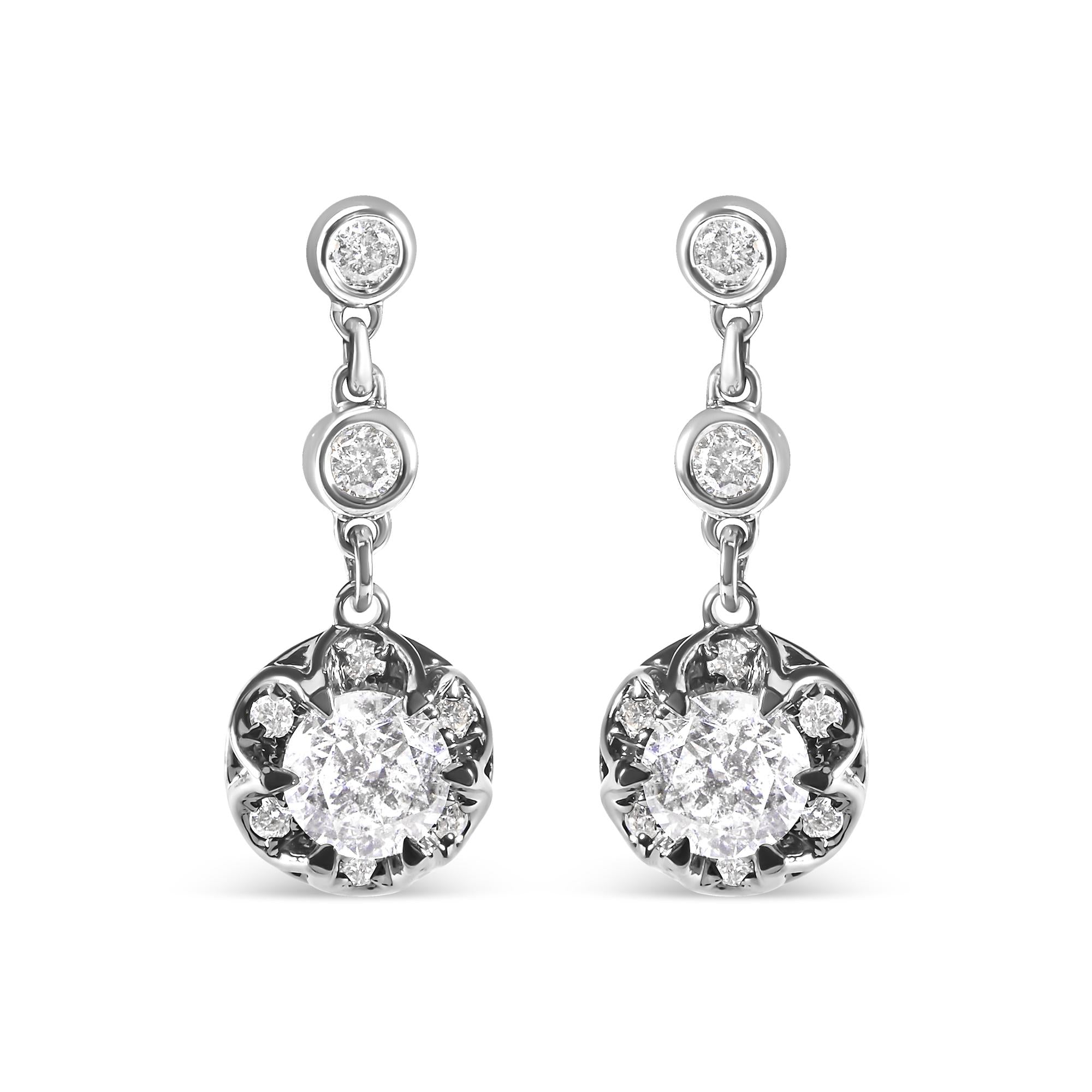 14k White Gold 5/8 Cttw Diamond Halo Drop and Dangle Earrings Stud with Bale (I-J Color, I1-I2 Clarity)