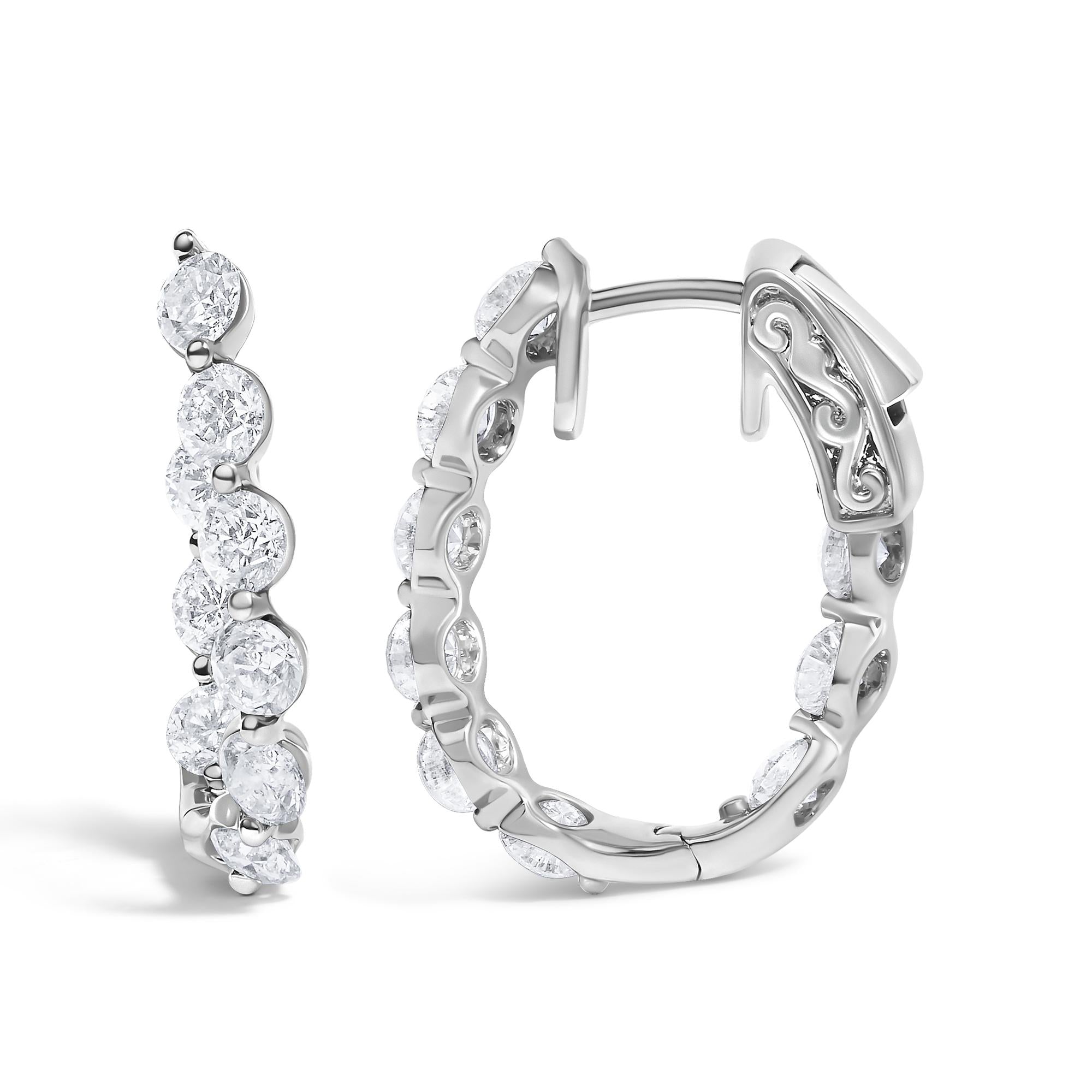 14K White Gold 3 3/4 Cttw Graduating Diamond Oval Hoop Earrings