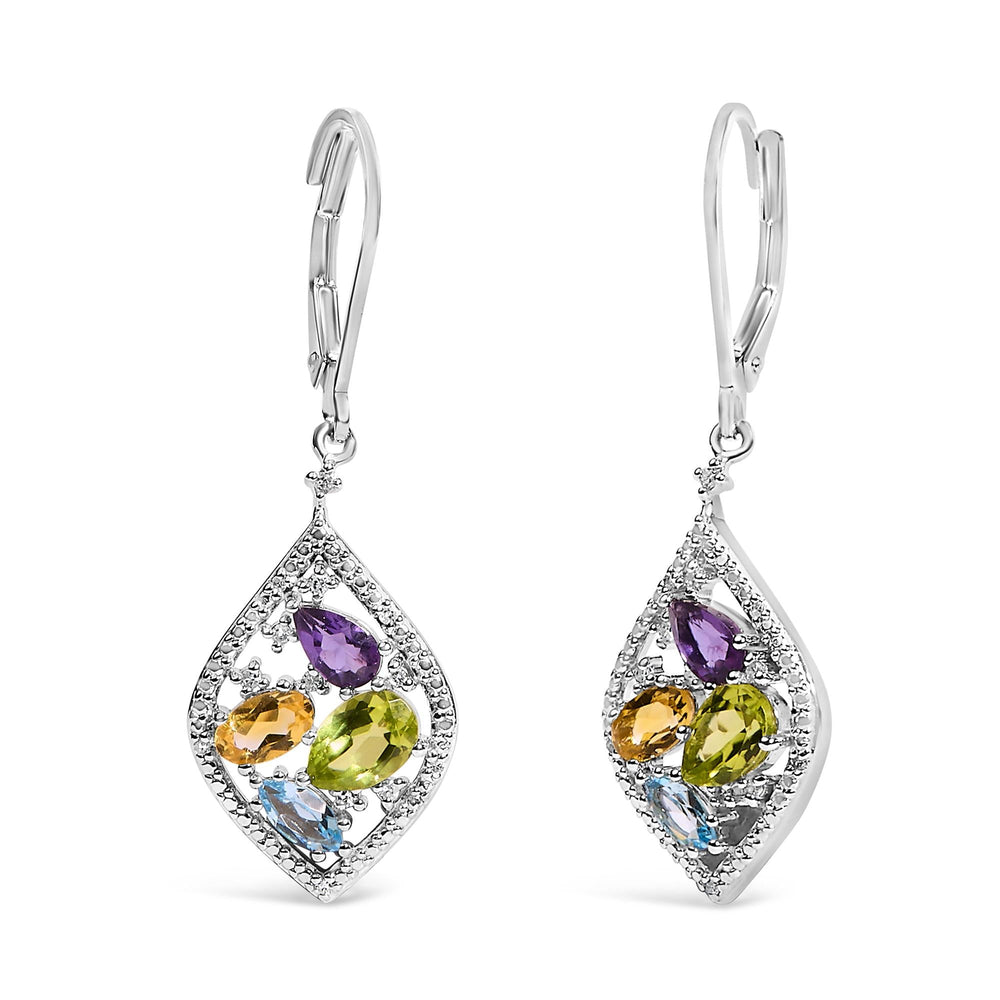 Sterling Silver Diamond Accent Multi Stone Rhombus Drop Earrings