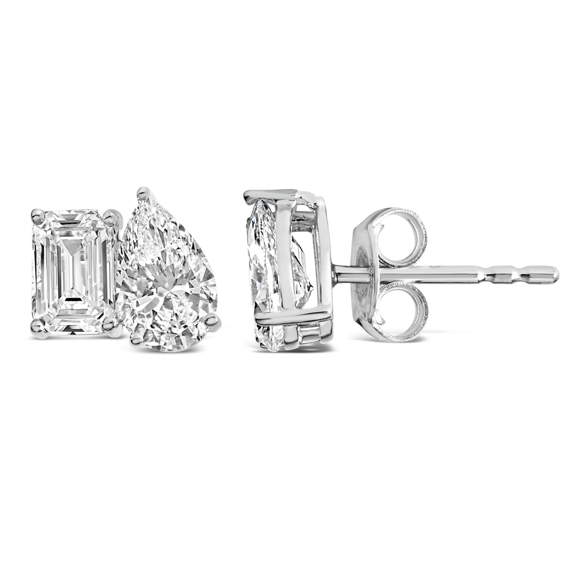 14K Gold 2.0 Cttw Emerald and Pear Toi et Moi Lab Grown Diamond Stud Earrings