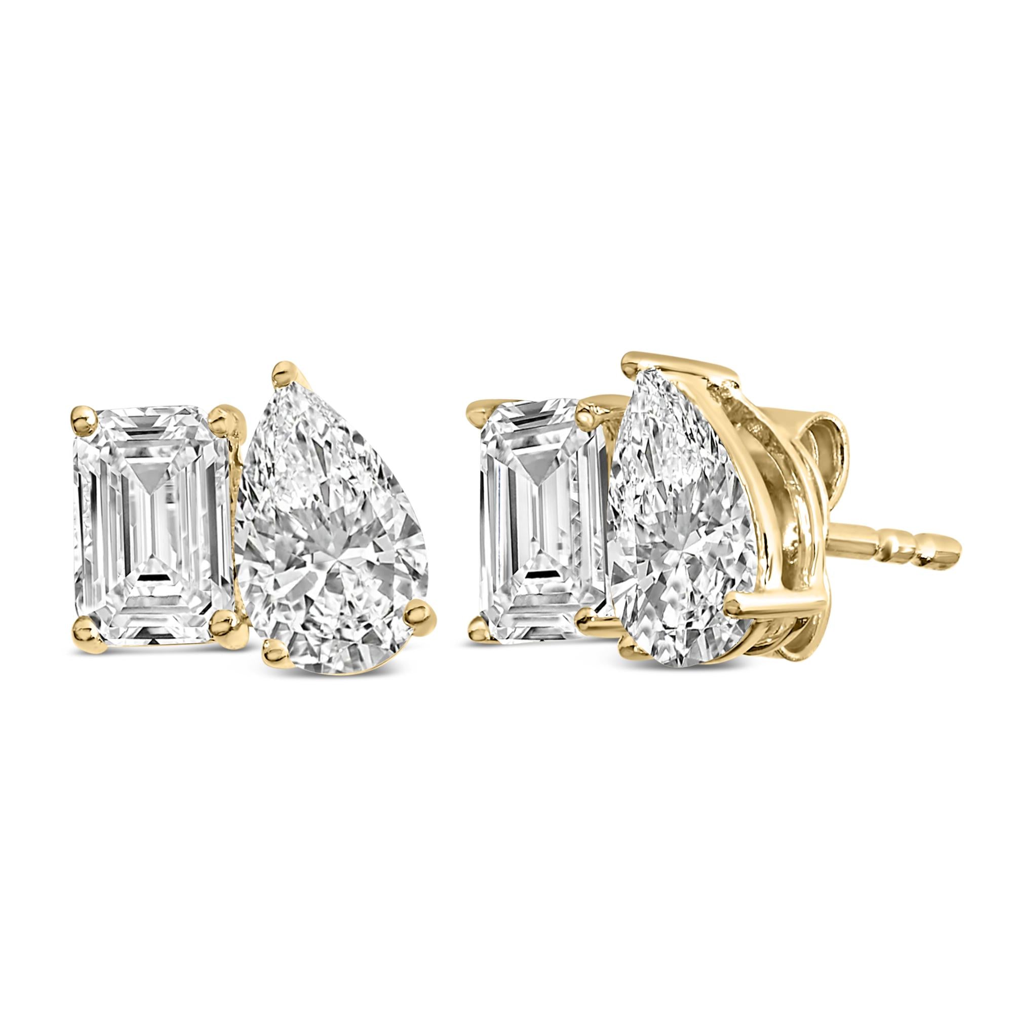 14K Gold 2.0 Cttw Emerald and Pear Toi et Moi Lab Grown Diamond Stud Earrings