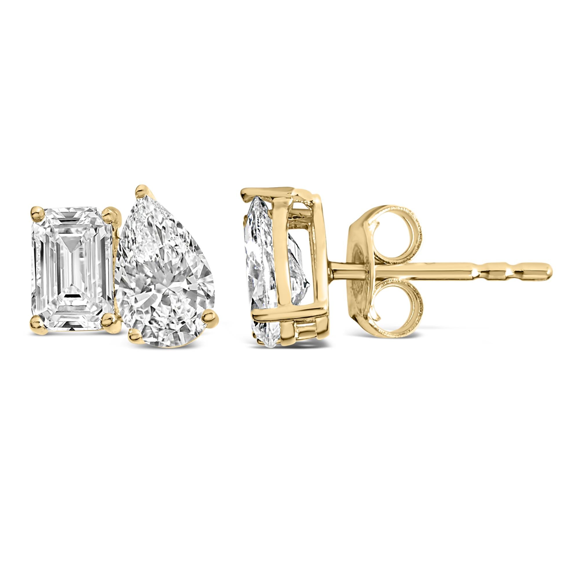 14K Gold 2.0 Cttw Emerald and Pear Toi et Moi Lab Grown Diamond Stud Earrings