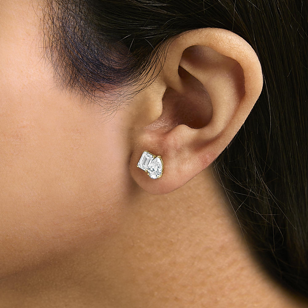14K Gold 2.0 Cttw Emerald and Pear Toi et Moi Lab Grown Diamond Stud Earrings