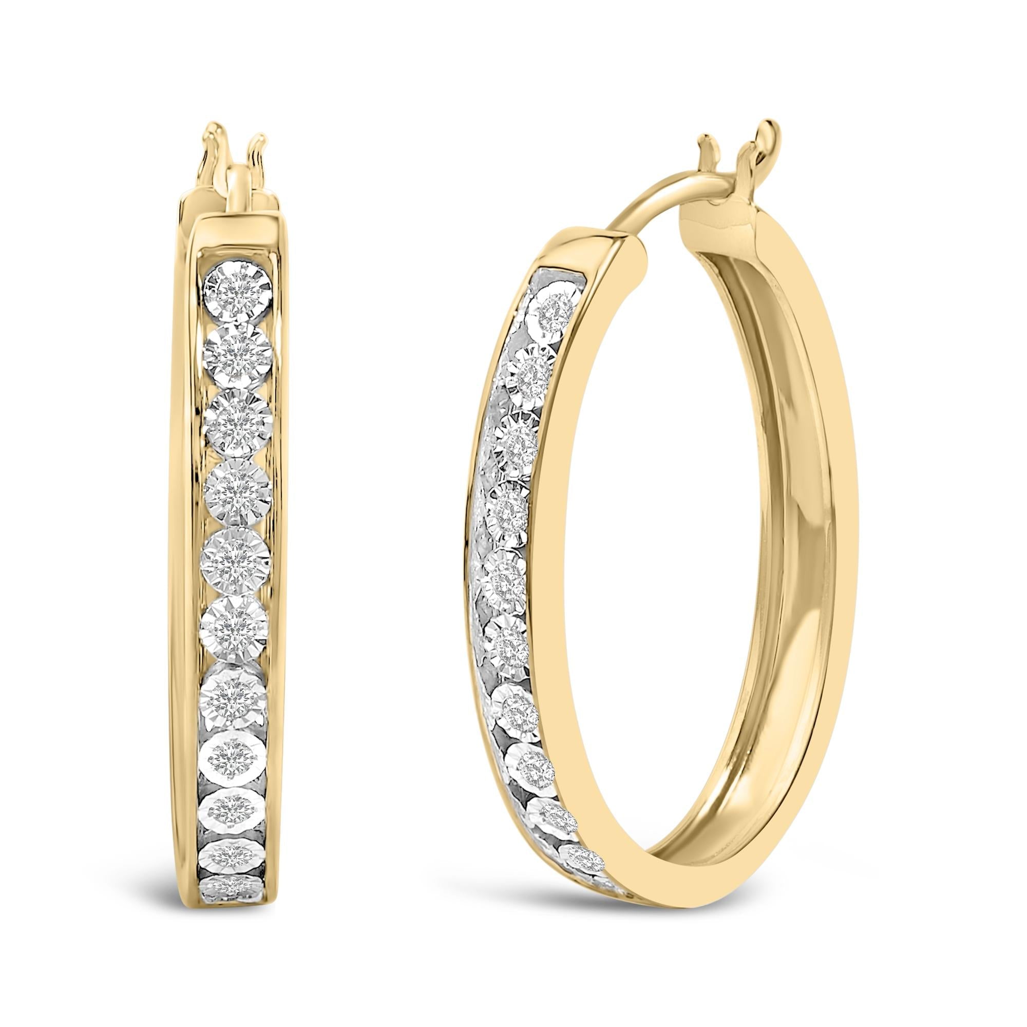 14K Yellow Gold Plated .925 Sterling Silver 1/4 Cttw Diamond Channel Set Style Hoop Earrings