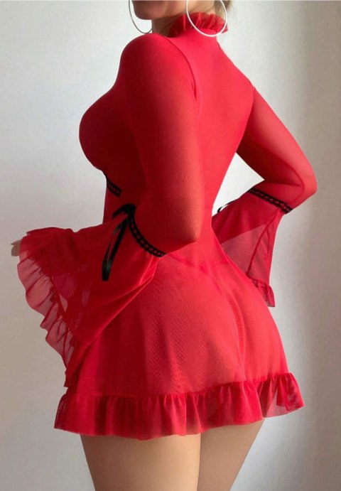 Elegant Deep V-Neck Red Sheer Chemise with Flared Sleeves