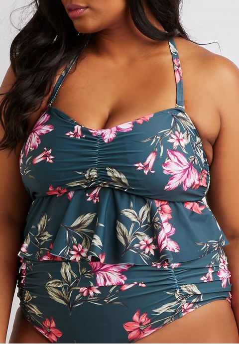 Plus Size Boho Floral Ruffle Halter High Waist Bikini Swimsuit