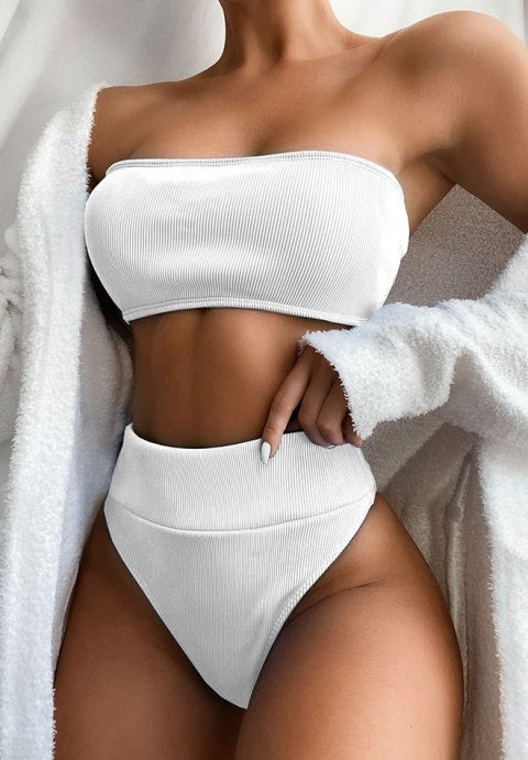 Rib Bandeau High Waisted Bikini Swimsuit
