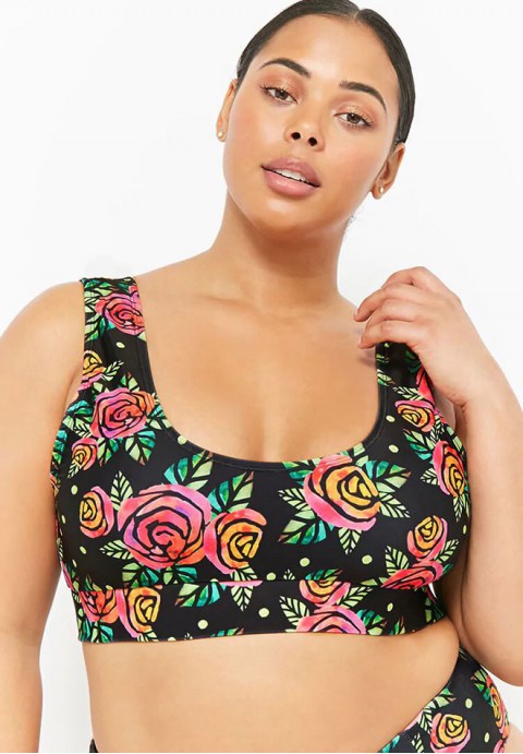 Plus Size High Leg High Waist Rose Crop Tank Bikini Swimsuit