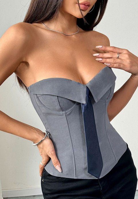 Stunning Grey Corset Top with Navy Tie