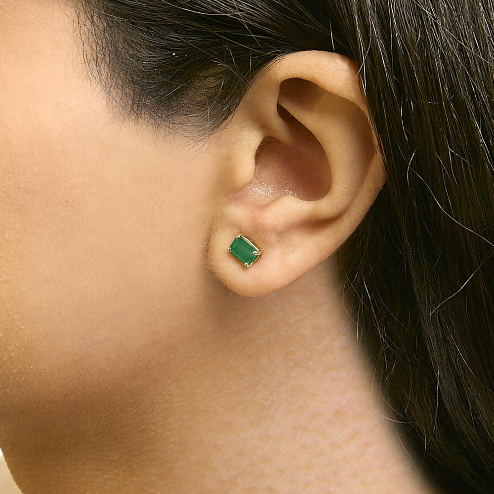 14K Gold 6x4MM Emerald Shaped Gemstone Solitaire Stud Earrings