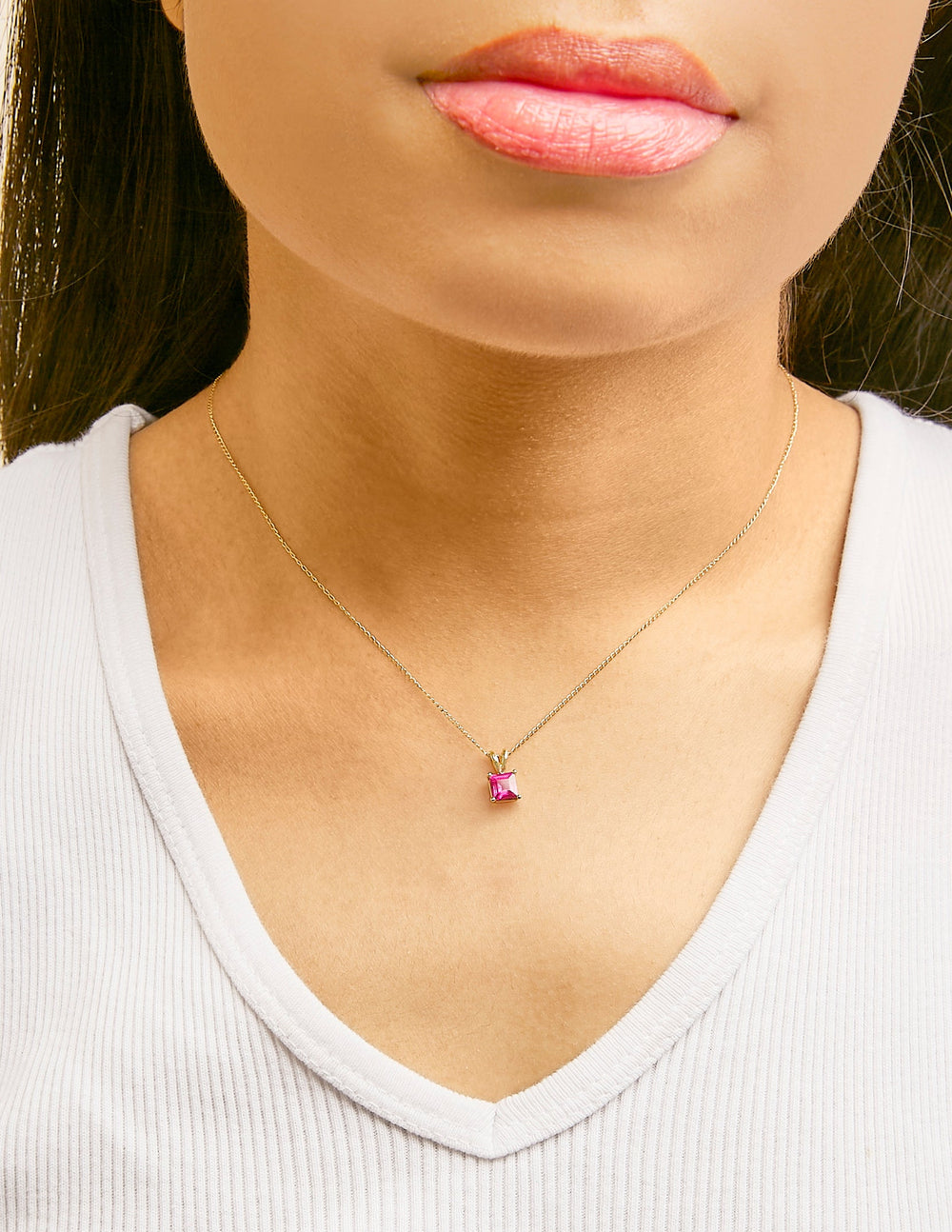 14K Gold 5x5 MM Square Shaped Gemstone Solitaire Pendant Necklace