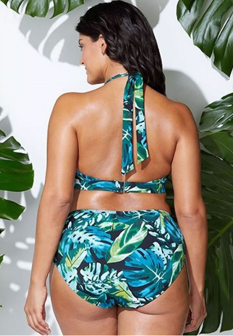 Plus Size Tropical Leaf Halter High Waisted Bikini Swimsuit