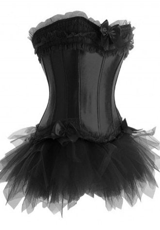 One Set-Ruffle Trimmed Long Line Satin Corset Bustier with Lacy Tutu Skirt in White Red Pink Black