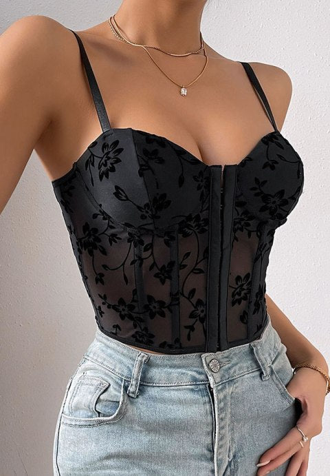 Stunning Black Floral Mesh Bustier