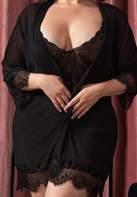 Plus Size Black Lace Chemise & Robe Set