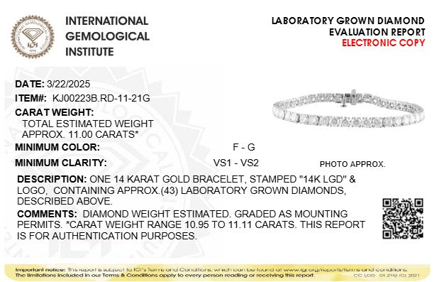 IGI Certified 14K White Gold 11.0 Cttw Lab Grown Diamond Tennis Bracelet